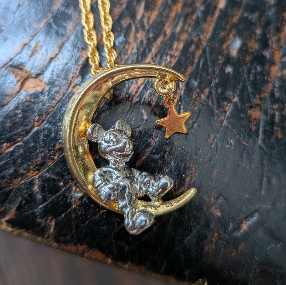 DISNEY I Gold & Silver Tone Mickey Mouse on The Moon w/ Star Necklace Pendant